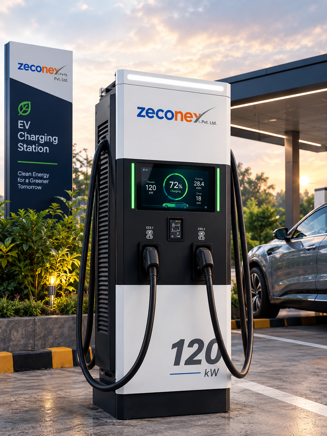 ZECONEX 120 kW Dual-Gun DC Fast Charger Dispenser at Active Charging Bay